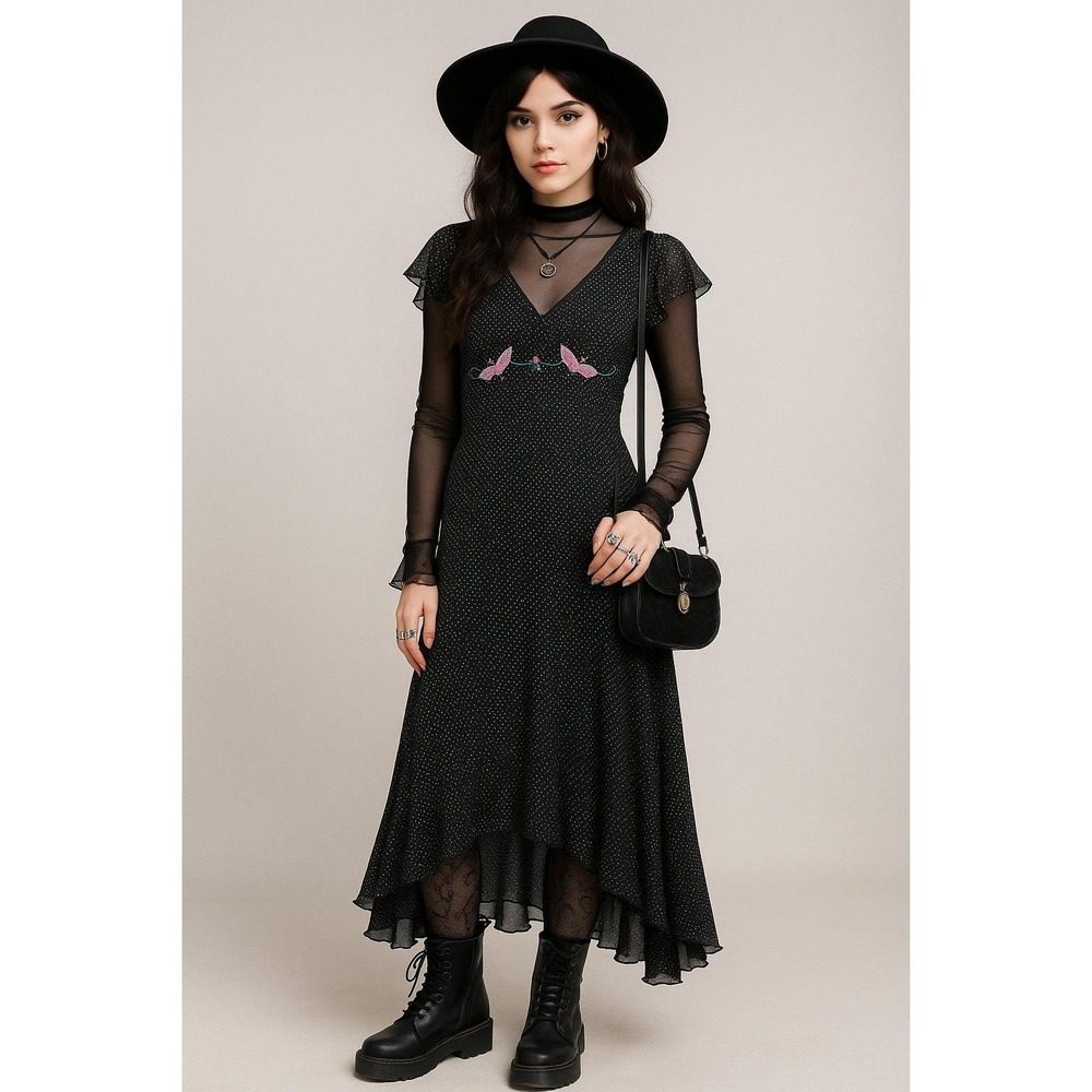 Y2K Jonathan Martin Babydoll Dress Women 12 Black Butterfly Polka Dot Asymmetric - Picture 4 of 16